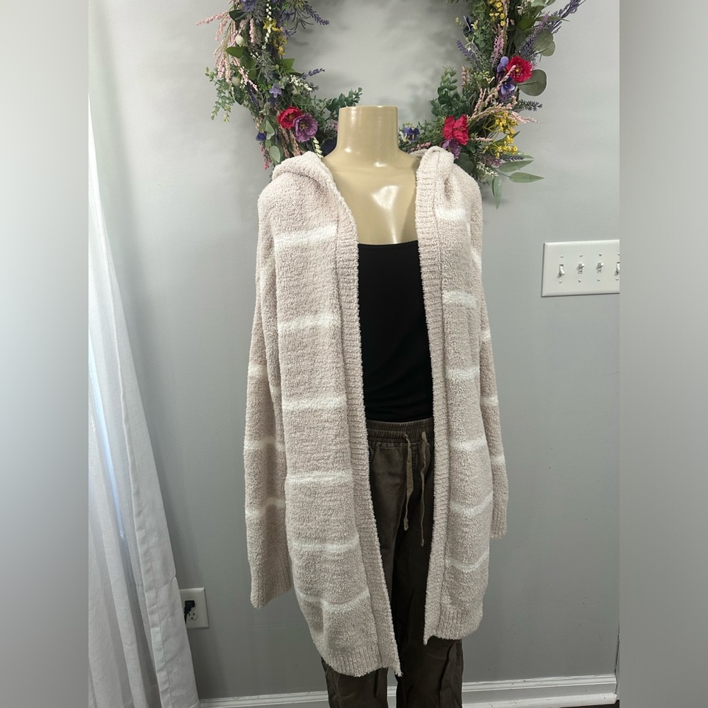 Fuzzy Beige and White Striped Hooded Cardigan